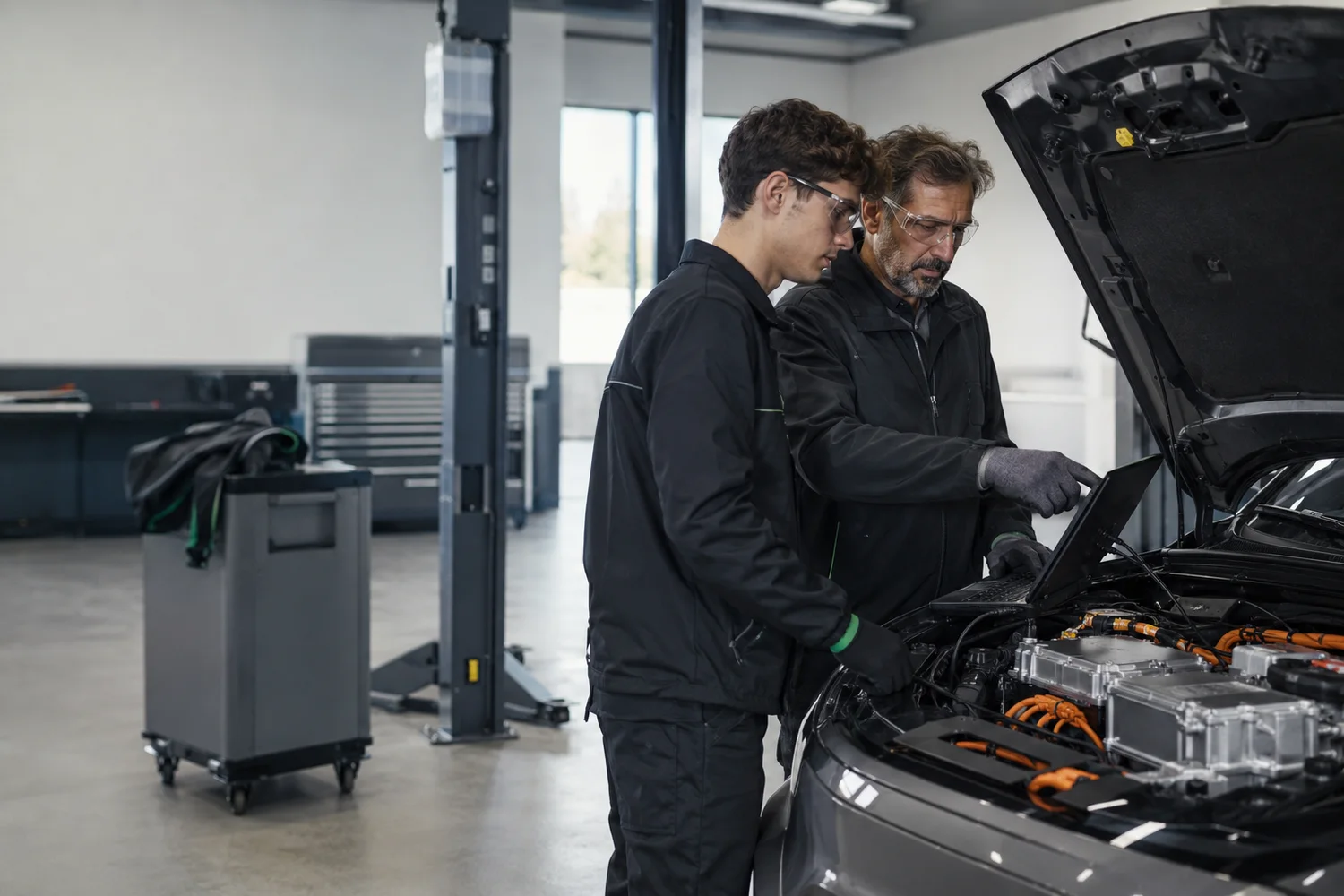 Giovane tecnico automotive affiancato da un professionista in officina
